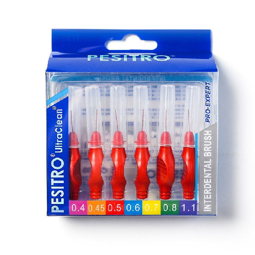Межзубные щетки (ершики) для чистки зубов с прорезиненной ручкой PESITRO (0,5 мм красн., 6 шт. в упак)