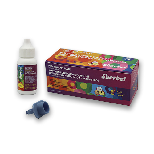 Sherbet Prophylaxis Paste, вкус ассорти, зернистость средняя, 200 унидоз по 2 г, с концентратом индикатора зубного налета 30 мл | фото